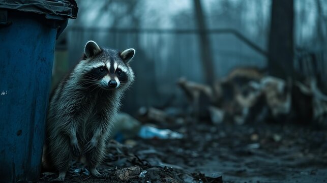 A curious raccoon peeks from behind a trash bin in a foggy, abandoned setting, surrounded by debris and shadows.