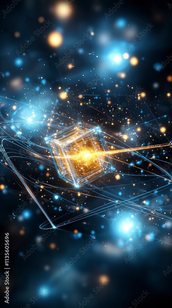 Aufkleber glowing cube in abstract digital space.