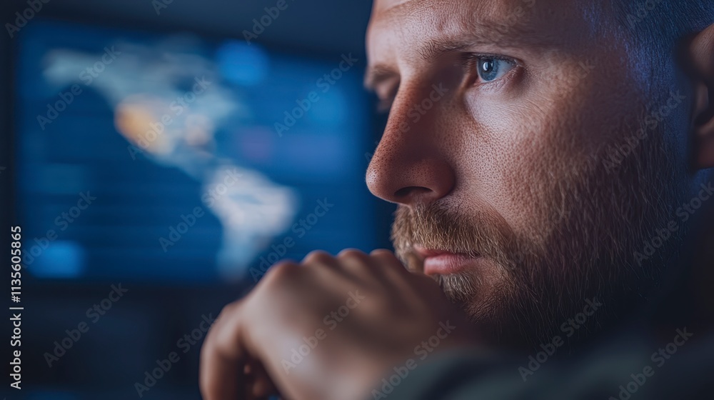 Poster thoughtful man global map background cybersecurity data analysis