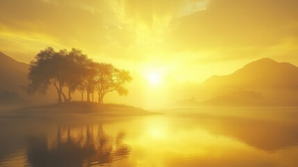 Fototapeta premium Serene Sunrise Over Calm Lake with Silhouetted Trees Under Golden Skies