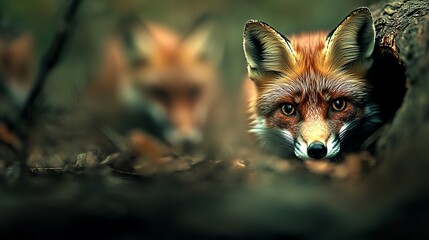 A focused red fox peeks out from behind a log in a serene forest setting, surrounded by soft, blurred foliage.