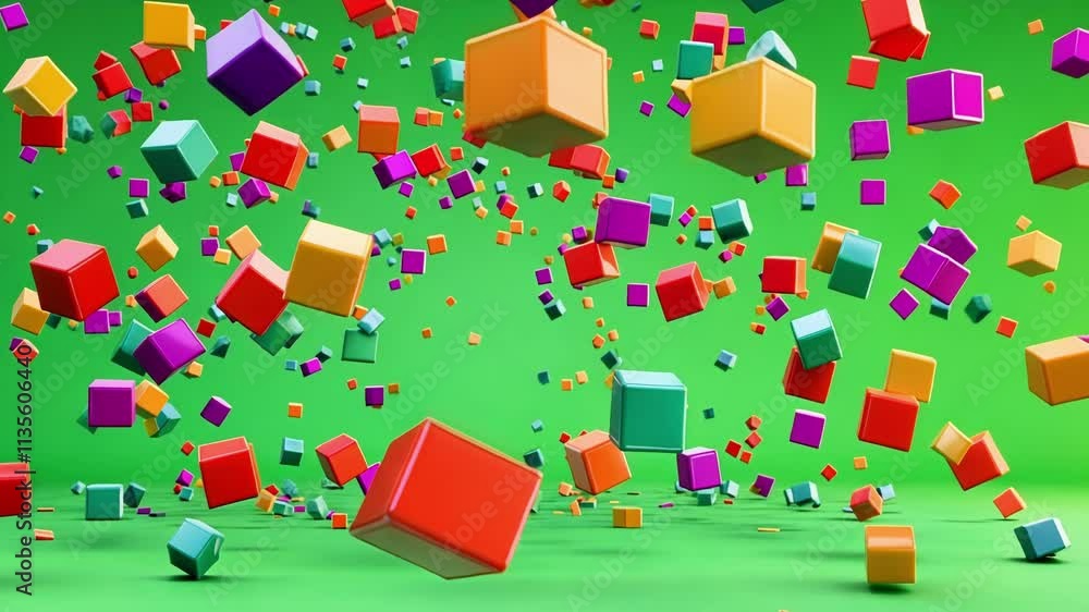 Poster brightly colored cubes in motion creating a playful visual effect. green screen chromakey