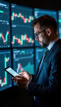 Businessman reviews financial data on tablet. Multiple screens display trading graphs, market information. Analyzes investment strategies, assesses market trends. Pro investor manages risks, plans