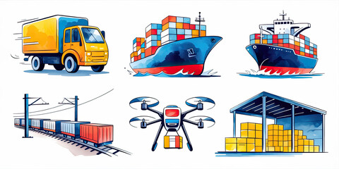 Global Logistics Truck Ship Train Drone Delivery Warehouse