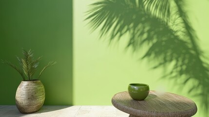 Green Interior with Shadow Patterns from Palm Plants and Natural Textures on Furniture