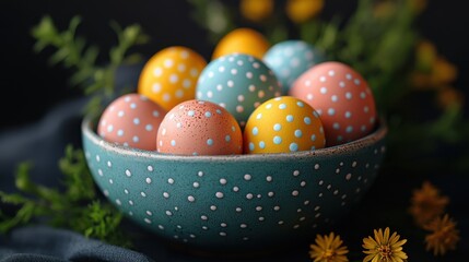 a bowl of decorated eggs