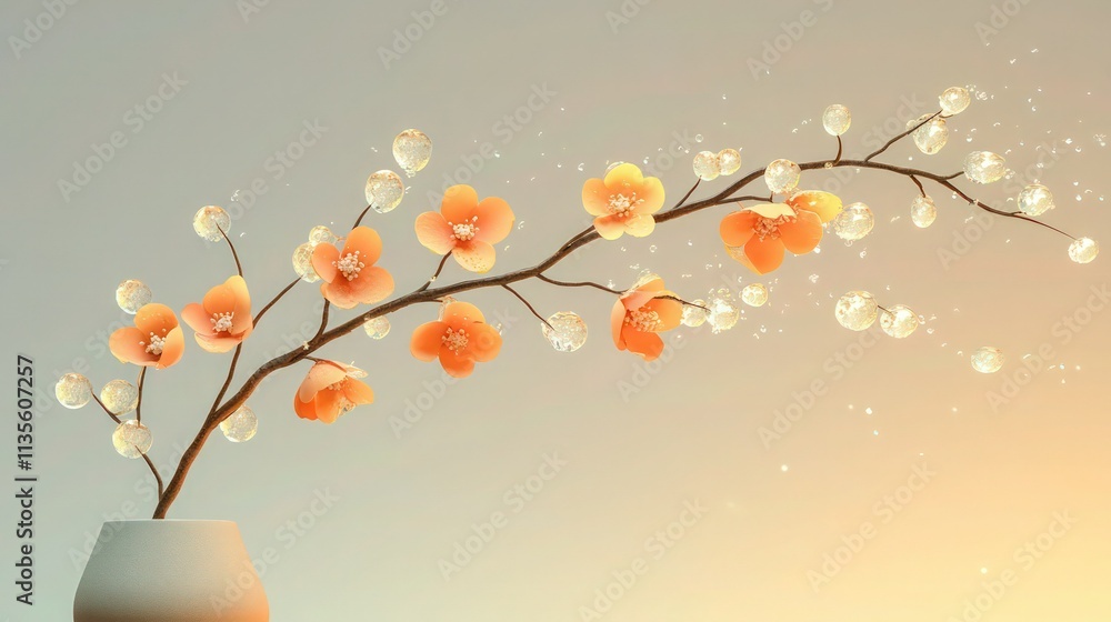 Poster A diagonal branch adorned with blossoms in warm orange and pastel yellow, glowing gently against a gradient background transitioning from pale gray to soft amber. 