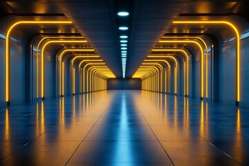 Fototapeta premium Illuminated Futuristic Architectural Tunnel With Geometric Patterns and Vibrant Lighting