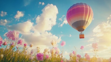 Fototapeta premium Colorful hot air balloon floating above a vibrant flower field on a bright summer day, symbolizing freedom, adventure, nature, and scenic outdoor exploration