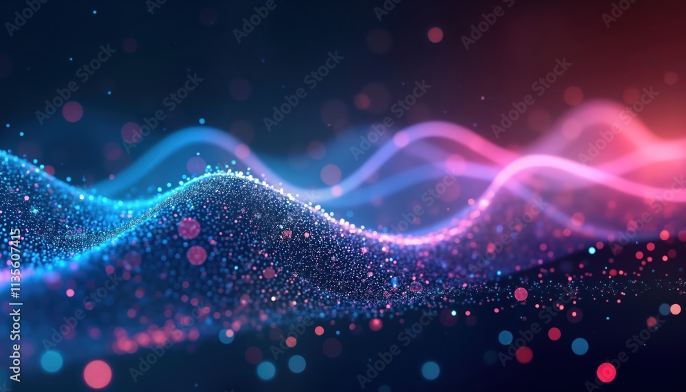 Poster futuristic abstract design shows glowing blue, pink digital waves. data flow sound waves represented