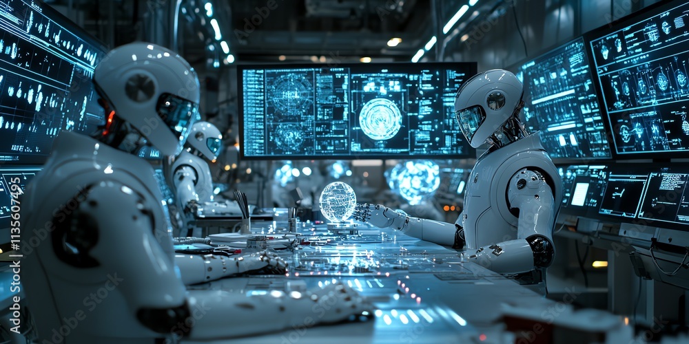 Poster Futuristic robots analyzing data in a high-tech environment with holographic displays.