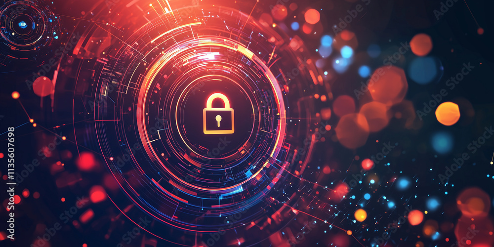 Poster glowing padlock icon on a vibrant red circular digital interface, symbolizing cybersecurity, encrypt