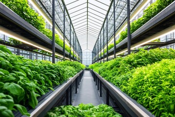 Futuristic Eco Industrial Greenhouse Complex with Thriving Verdant Vegetation Illuminated by Natural Daylight
