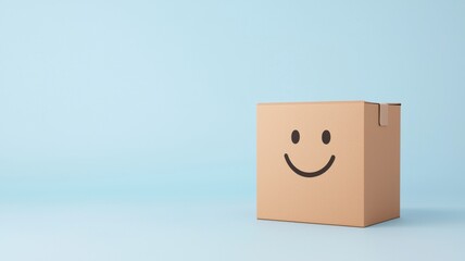 Obraz premium Happy cardboard box on a soft blue background.