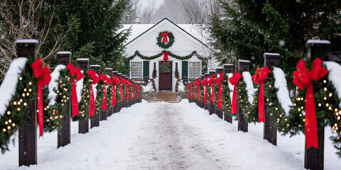 Naklejka premium Snowy Christmas Home Entrance Festive Wreaths Red Bows Winter Wonderland