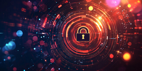 A glowing lock at the center of swirling data streams in orange and blue, symbolizing encryption, cybersecurity, and technological innovation