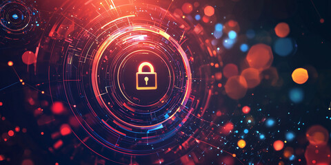 Obraz premium glowing padlock icon on a vibrant red circular digital interface, symbolizing cybersecurity, encryption, and technology security in a futuristic and abstract style