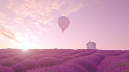Fototapeta premium Endless lavender fields at sunrise with a small shed and a colorful hot air balloon flying over the scenic landscape in Valensole, Provence, France, showcasing natural beauty and tranquility