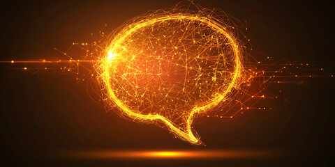 A glowing orange speech bubble made of intricate digital lines and connections, symbolizing communication, technology, and innovation in a futuristic design.