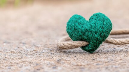 Fototapeta premium Green Heart Yarn Rope Sand Background Love Nature