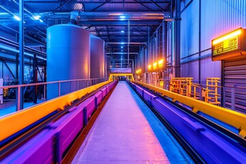 Obraz premium Futuristic Eco Friendly Recycling Facility with Neon Lit Conveyor Belts and Glowing Readouts