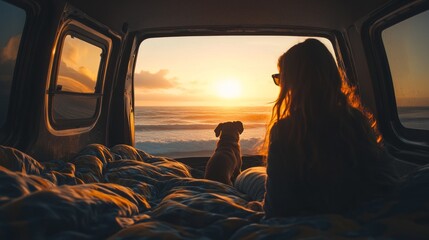 Young woman with sunglasses and her loyal dog watching the sunset from the cozy bed of her campervan, embracing freedom, nature, and a minimalist travel lifestyle