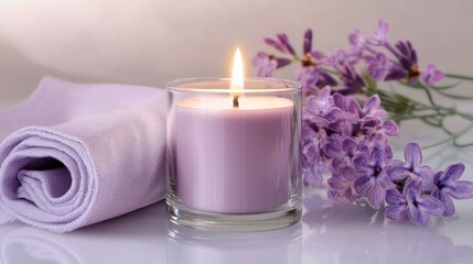 Obraz na płótnie Canvas A candle in a glass container with a lilac color, next to it is an elegant fabric napkin and purple flowers. The background of the photo is a light lavender color.