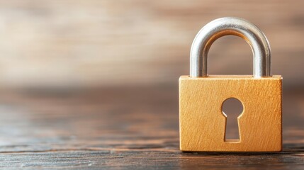 Gold Padlock on Wooden Table Security Safety Privacy Concept