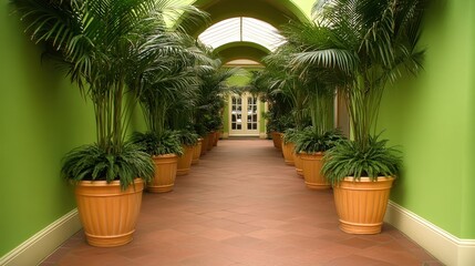 Lush Green Indoor Corridor with Potted Palm Plants and Vibrant Walls in Modern Design