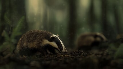 A close-up of a badger foraging in a dense, misty forest setting, exuding a sense of mystery and wildlife tranquility.