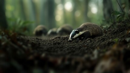 Obraz premium A close-up of a badger foraging in a woodland setting, surrounded by a soft, blurred background of other badgers.