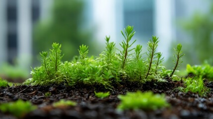 Lush Green Moss Sprouting Plants Nature Growth Spring Ecology Environment Soil Closeup Texture