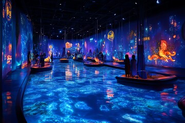 A vibrant immersive art installation featuring aquatic themes and colorful projections.
