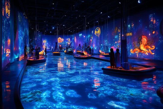 A vibrant immersive art installation featuring aquatic themes and colorful projections.