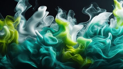 Fototapeta premium A stunning display of dynamic, smoke-like patterns swirling in vivid shades of teal, lime green, and bright white, forming organic shapes and textures. .