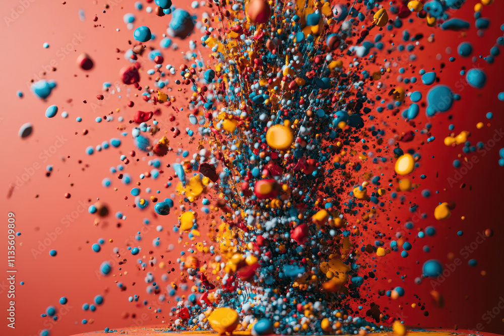 Poster goof, a vibrant explosion of colored particles against a red background, showcasing dynamic movement