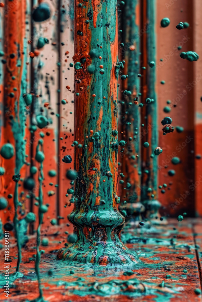Poster goof, a vibrant splash of teal and orange paint forms an abstract pattern, capturing dynamic motion 