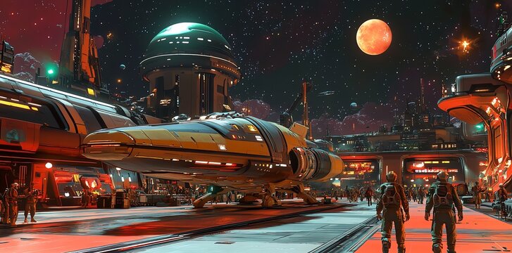 A futuristic spaceport scene with a spaceship and astronauts against a cosmic backdrop. - Powered by Adobe