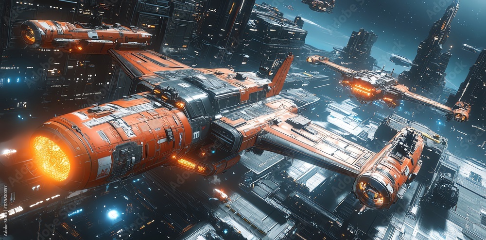 Poster a futuristic scene depicting spacecraft navigating through a vibrant, high-tech cityscape.