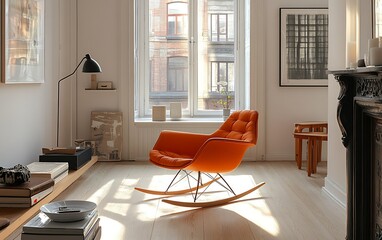 Sunny living room with orange rocking chair, wooden floor, and large windows.
