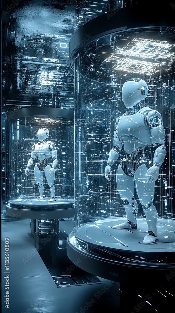 Poster two humanoid robots in glass chambers, showcasing advanced technology and design.