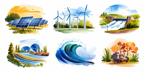 Naklejka premium Renewable Energy Sources Solar Wind Hydro Wave Power Illustrations
