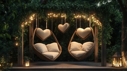 Two hanging wicker chairs with heart-shaped cushions offer a romantic outdoor seating spot for advertising intimate moments or relaxation.