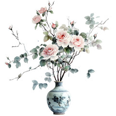 Vintage watercolor clipart of classic summer flowers in a chinese vase transparent background floral art