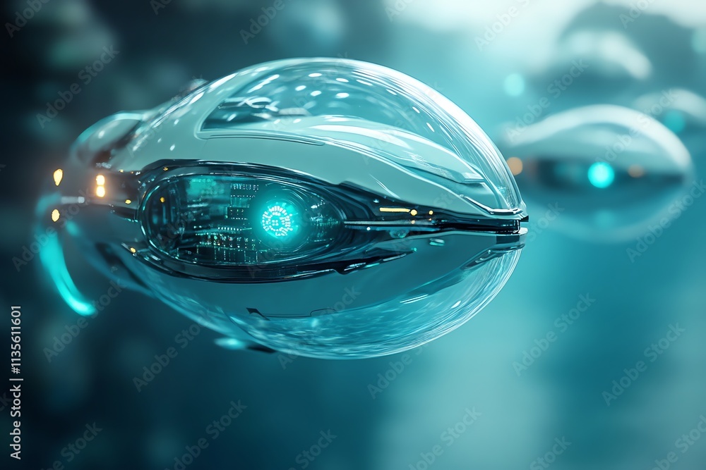 Poster a futuristic, sleek spaceship design featuring a glowing blue element.