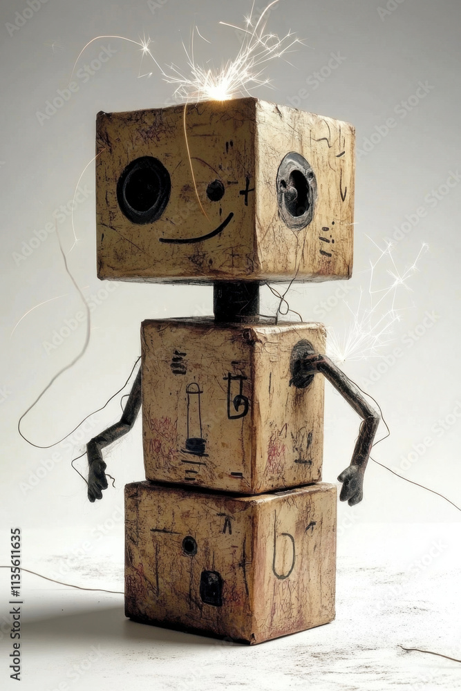 Poster goof, a quirky, handcrafted robot figure made of wooden boxes with a cheerful expression and playful