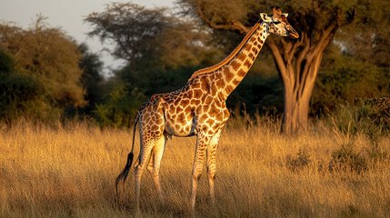 Fototapeta premium Giraffe in golden savanna grassland at sunset.