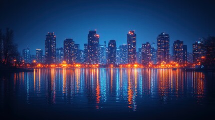 Fototapeta premium a city with lights and a reflection of a body of water