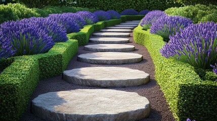 Ascending circular stone steps between manicured lavender bushes offer a leading line composition ideal for inspirational backgrounds.