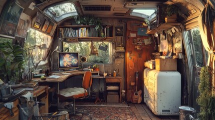 Cozy Rustic Camper Van Workspace Interior Design